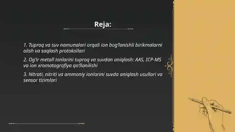 Tuproq va suvning ifloslanishida ion bogʻlanishli birikmalarini aniqlash 2