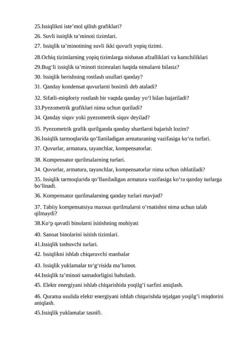 Issiqlik ta'minoti tizimida energiya tejamkorligi fanidan Yakuniy nazorat savollari 2