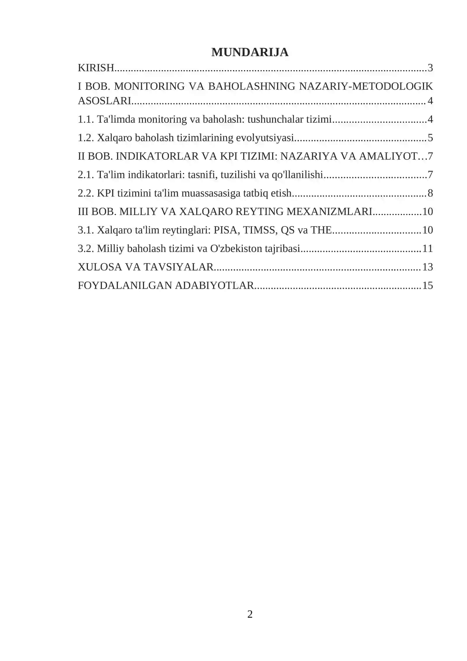 Ta'limda monitoring va baholash tizimlari: indikatorlar, KPI va reyting mexanizmlari (milliy va xalqaro kriteriyalar asosida) 2