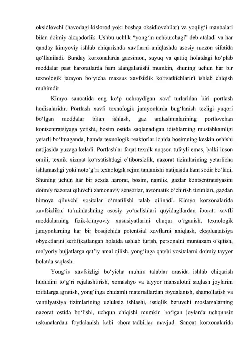 Kimyo korxonalarida yong‘in, portlash va elektr xavfsizligi chora-tadbirlarini ishlab chiqish 2