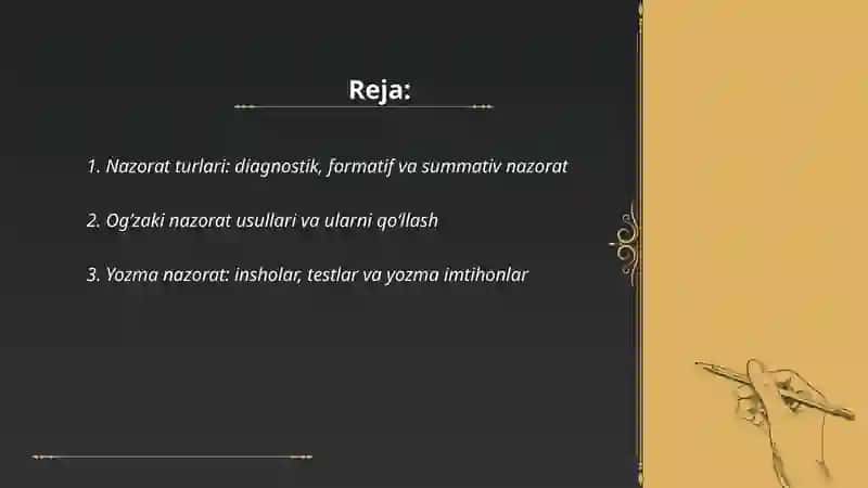 Oʻquvchilarning bilim, koʻnikma va malakalarini nazorat qilish turlari shakli va metodlari 2