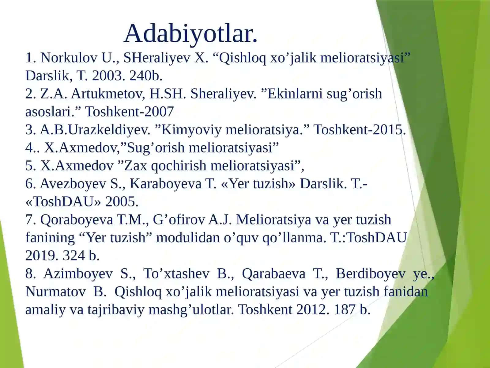 Norkulov U., SHeraliyev X. “Qishloq xo’jalik melioratsiyasi” Darslik 2