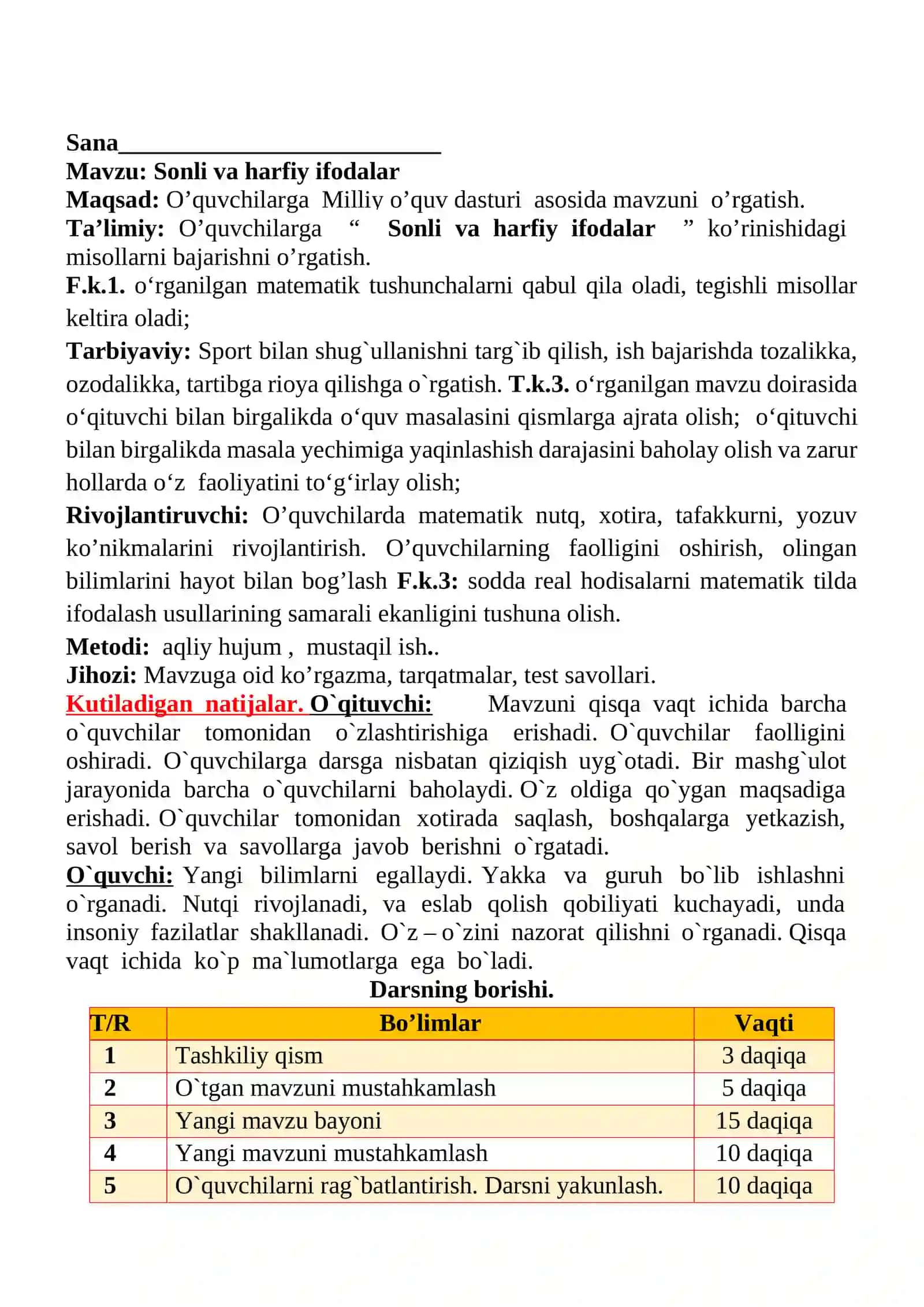 Sonli va harfiy ifodalar 1-sinflar uchun Matematika fanidan dars ishlanmasi 2