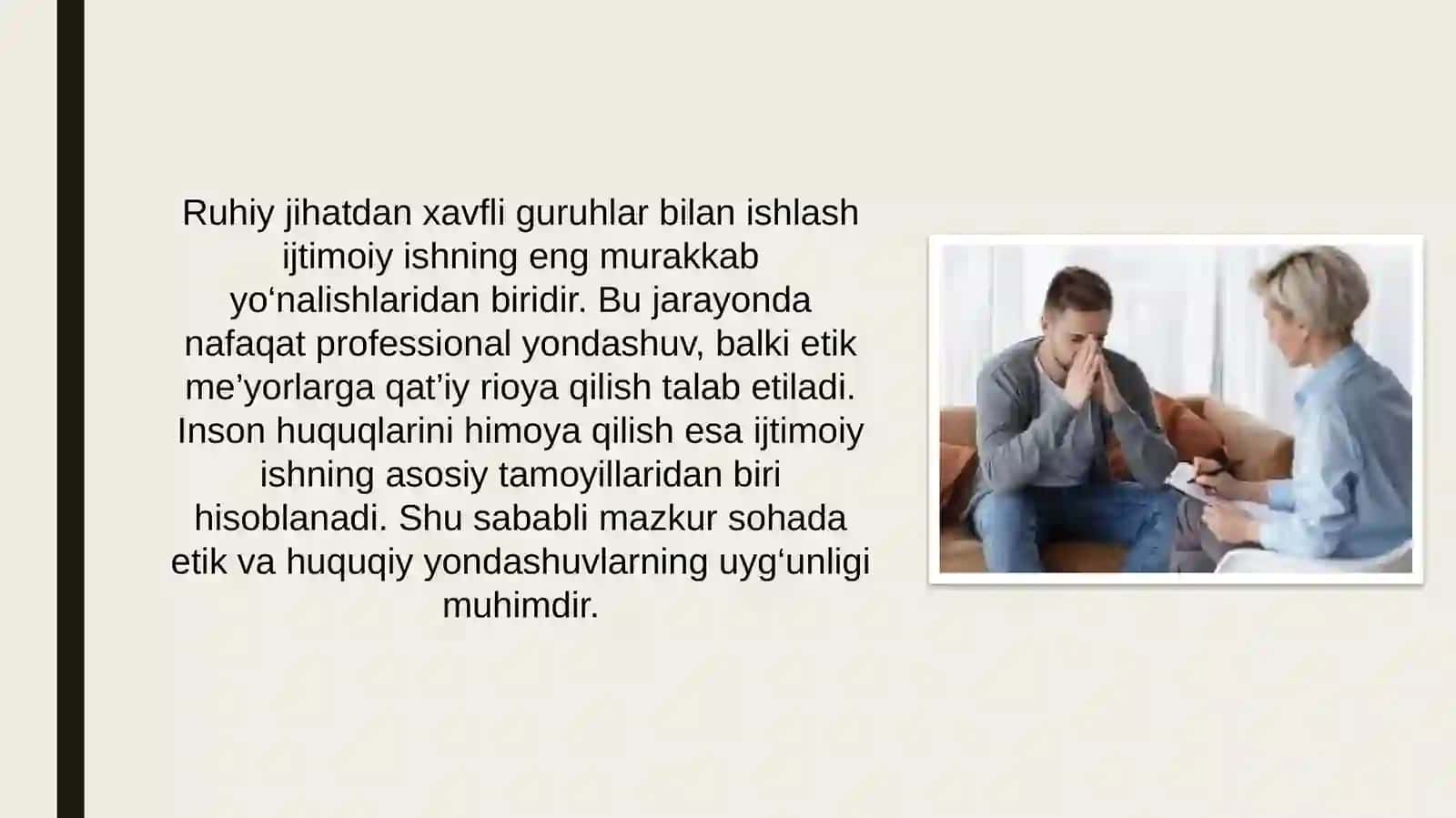 Ruhiy jihatdan xavfli guruhlar bilan ijtimoiy ish olib borishda etik printsiplar va inson huquqlari 2