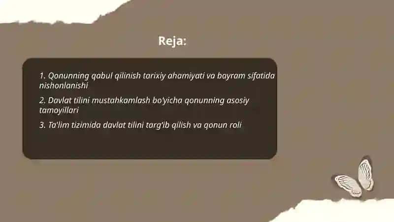 O‘zbekiston Respublikasi davlat tili haqidagi qonunni qabul qilinganligi keng nishonlash to‘g‘risidagi tilimizning jamiyatda mustahkamlash o‘rni 2