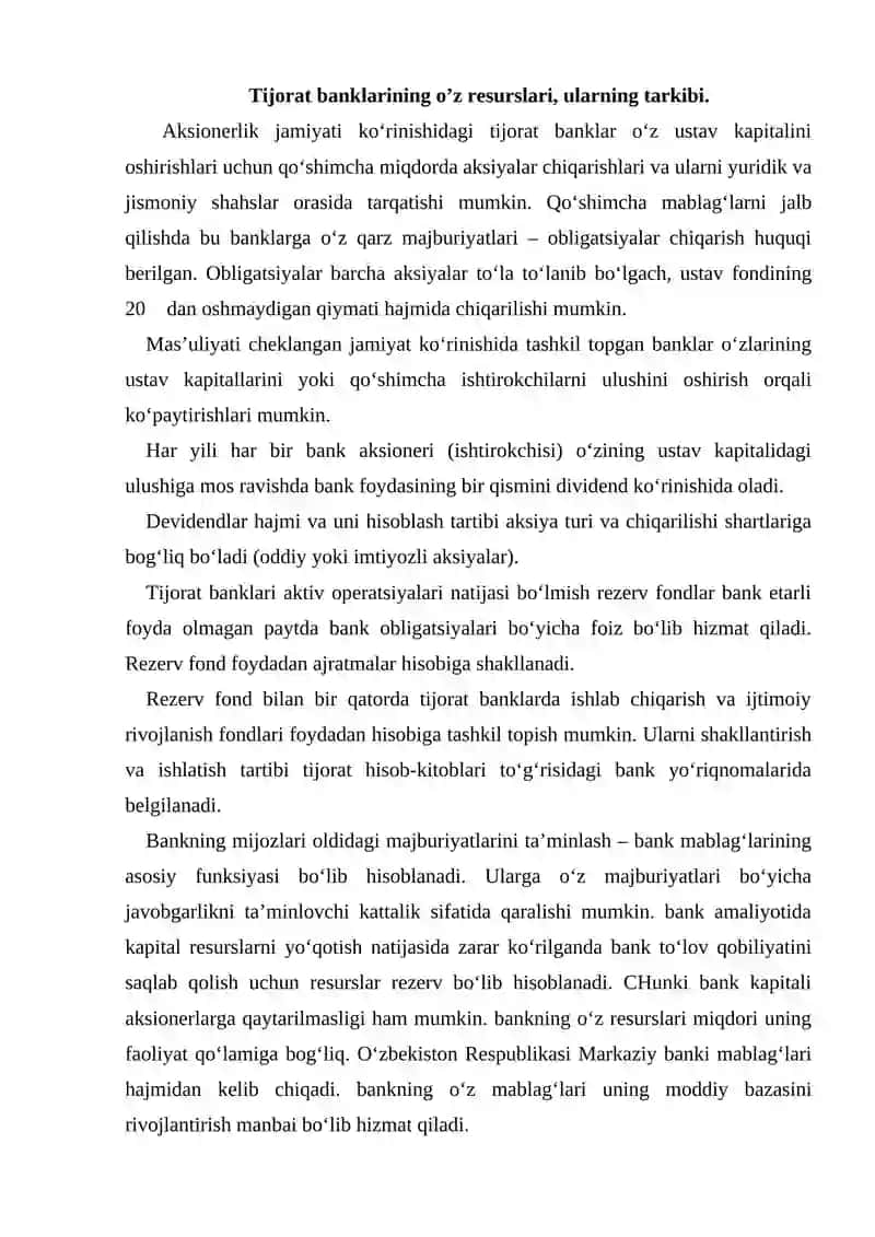 Tijorat banklarining o’z resurslari, ularning tarkibi 2