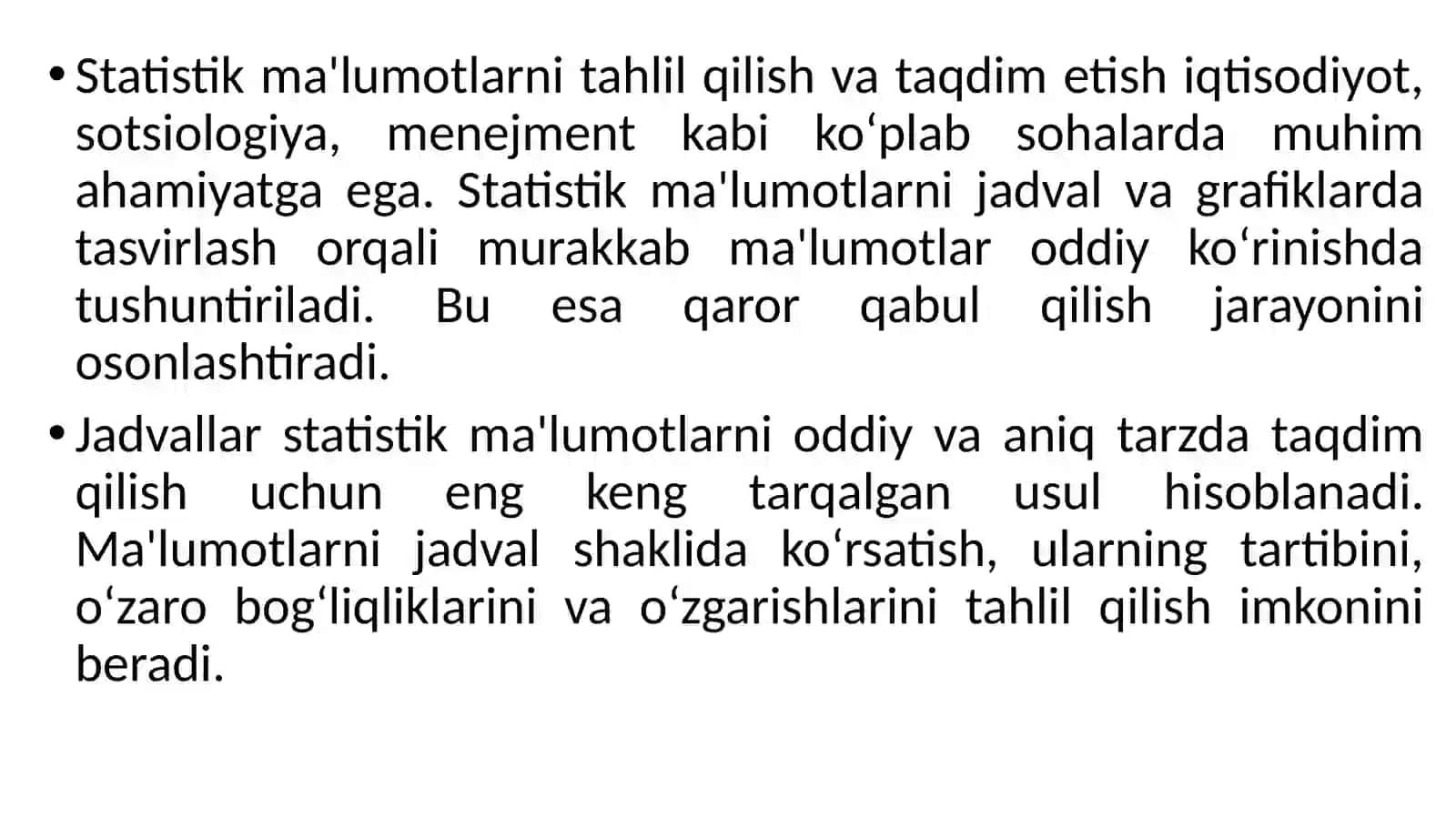 Statistik ma’lumotlarni jadval va grafiklarda tasvirlash 2