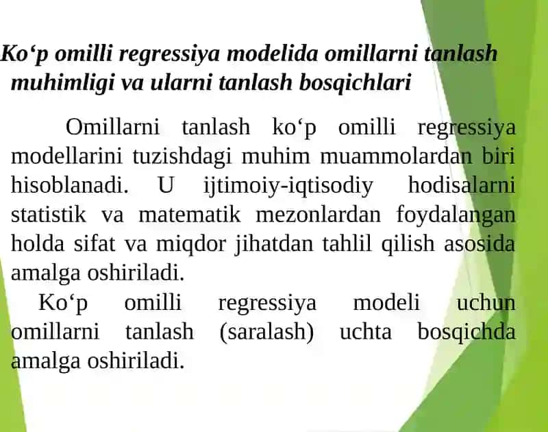 Ko‘p omilli regressiya modelida omillarni tanlash muhimligi va ularni tanlash bosqichlari 2