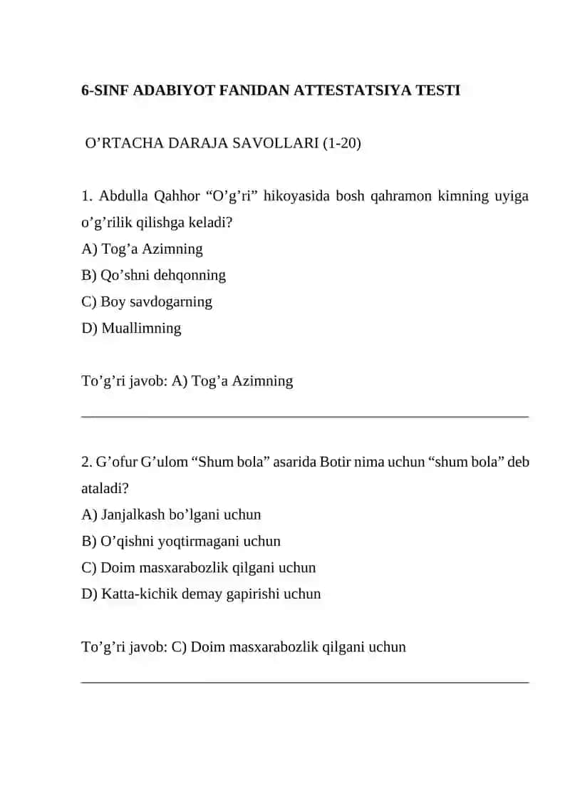 6-SINF ADABIYOT FANIDAN ATTESTATSIYA TESTI 2