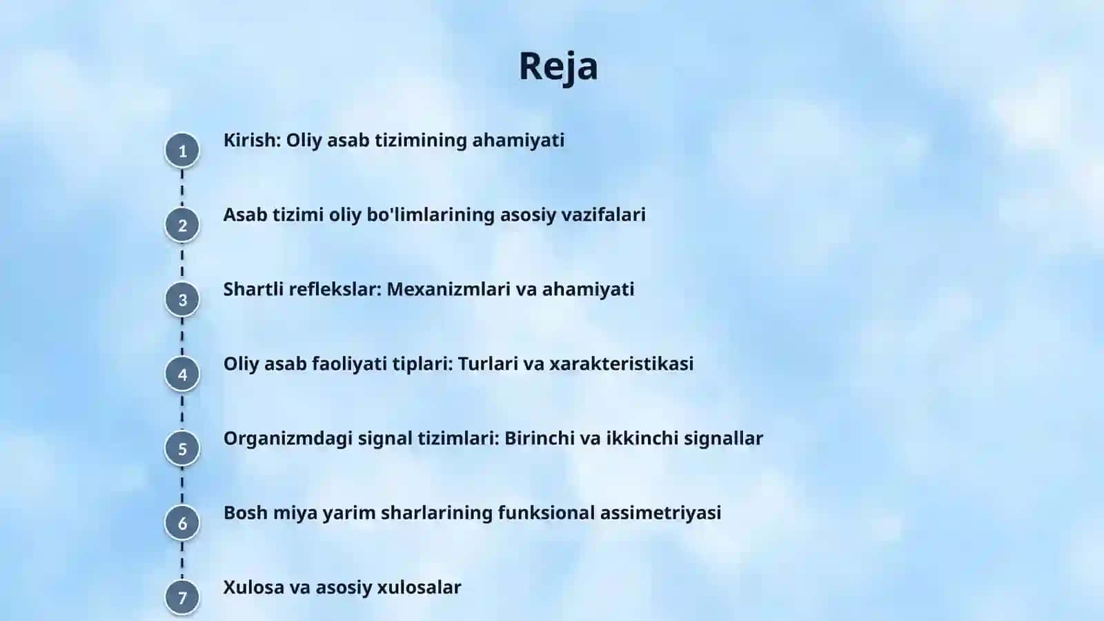 Asab tizimi oliy bo'limlarining vazifalari. Shartli reflekslar. Oliy asab faoliyati tiplari Organizmgi signal tizimlari. Bosh miya katta yarim sharlarining funksional assimetriyasi 2