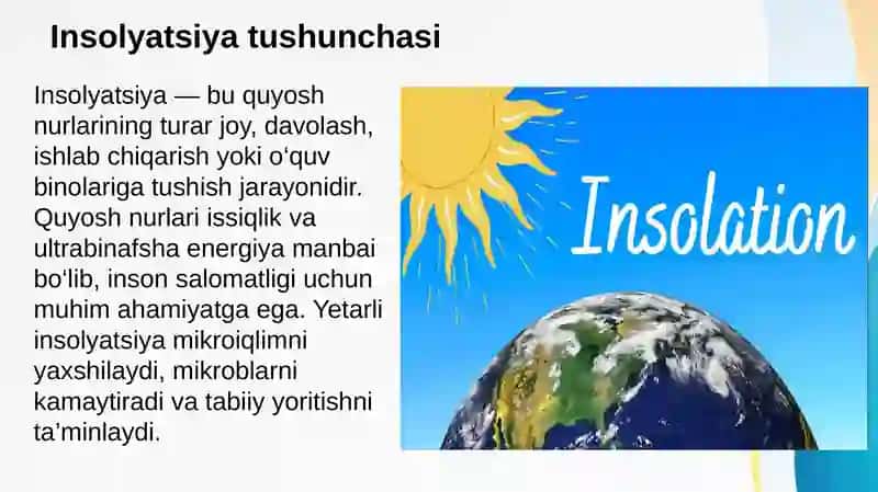 Xonalarning insolyatsiyasi haqida tushuncha, uning ahamiyati. Xonalarning tabiiy yorug'ligini belgilovchi omillar 2