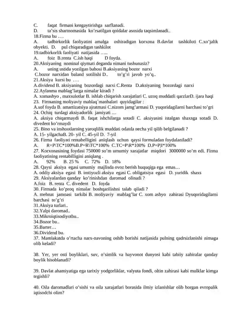 IQTISODIY BILIM ASOSLARI. OLIMPIADA TESTLARI. 2
