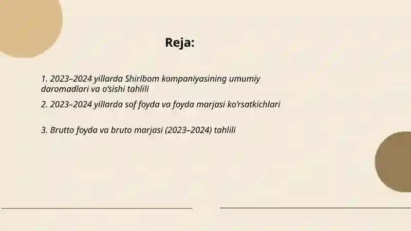 2023–2024 yillarda Shiribom kompaniyasining moliyaviy korsatkichlai 2