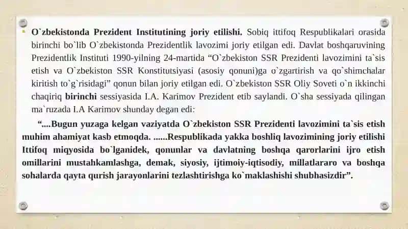 O`zbekistonda demokratik fuqarolik jamiyati asoslarining shakllantirilishi, amalga oshirilgan siyosiy o`zgarishlar 2