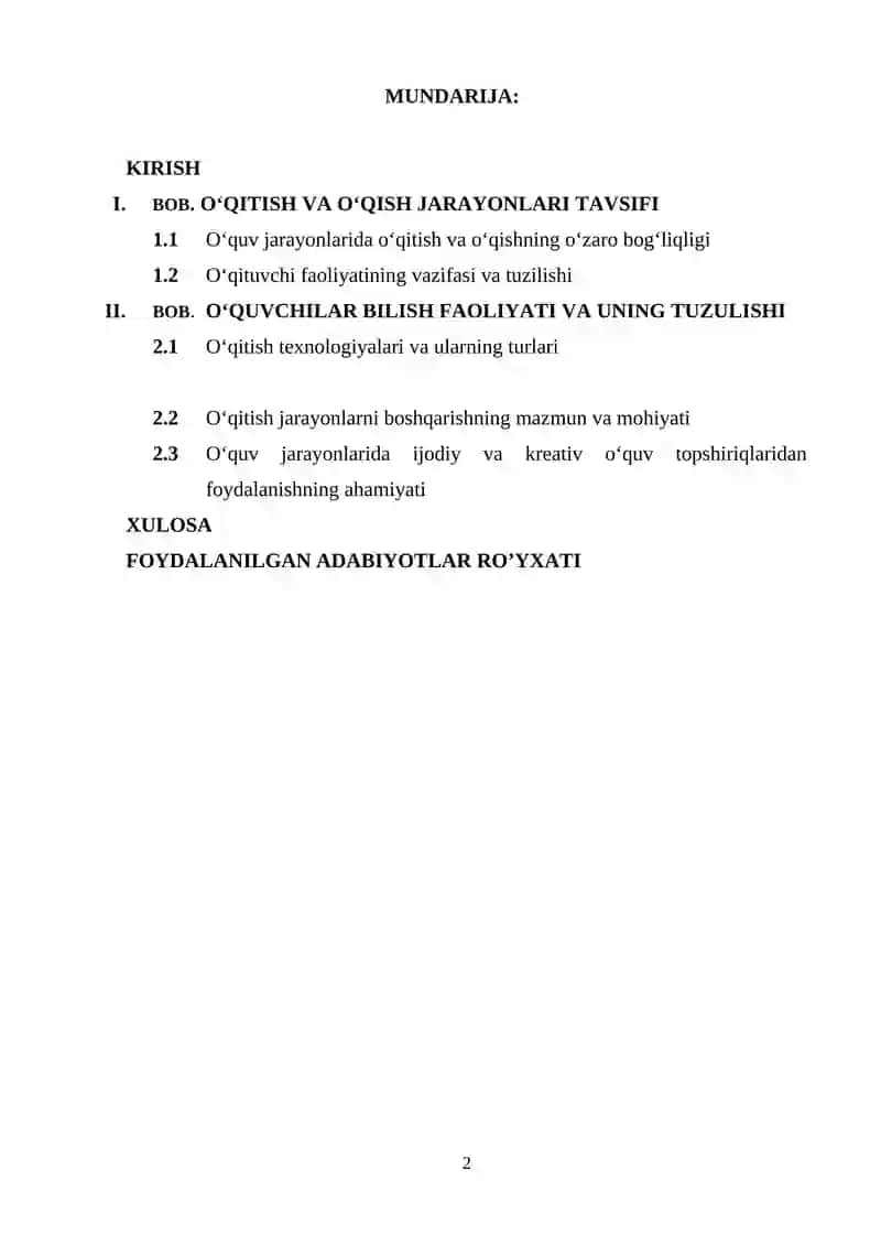 Oʻqitish va oʻqish jarayonlari tavsifi oʻquv jarayonida ularning oʻzaro bogʻliqlik jihatlari 2