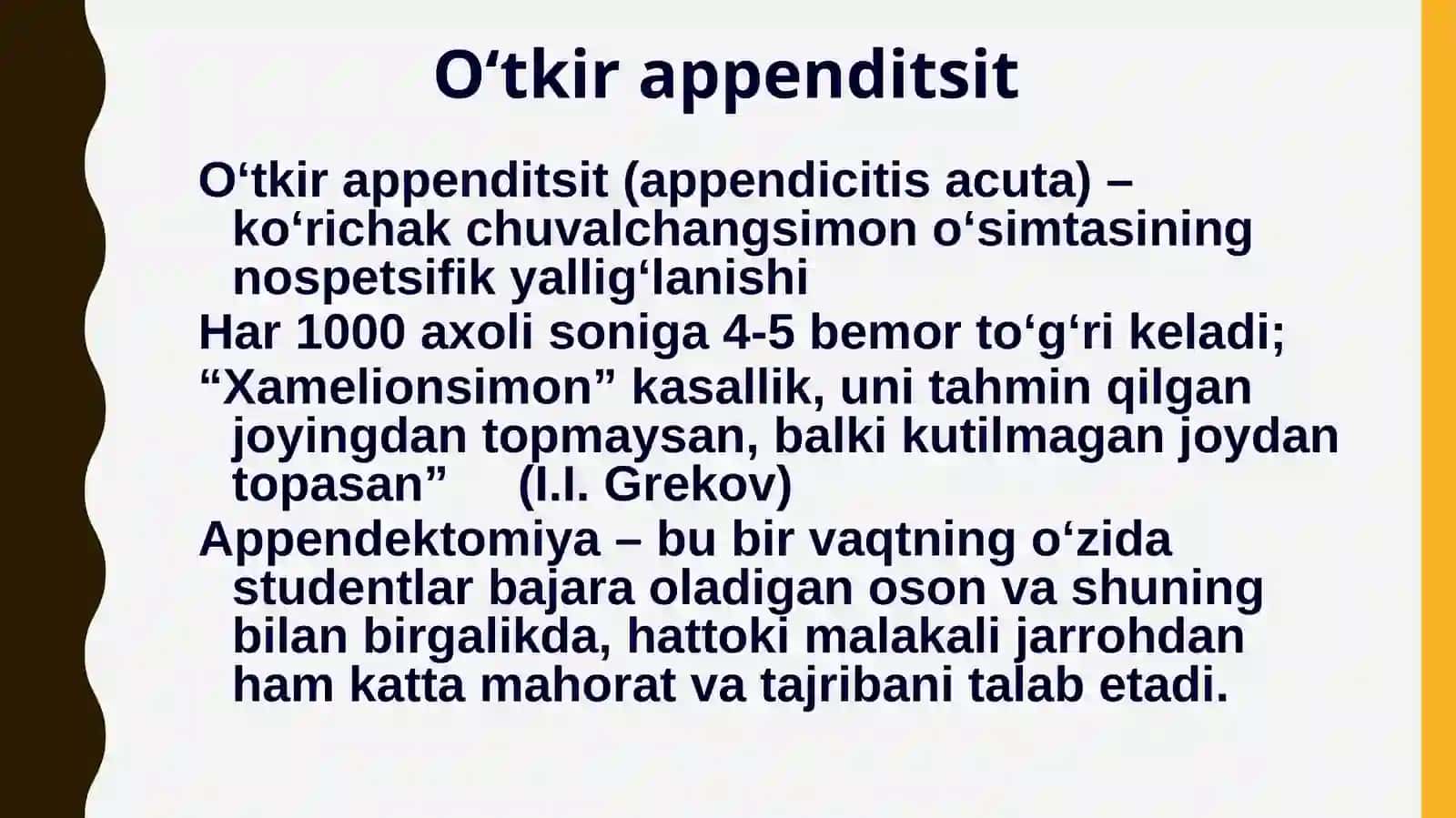O'tkir appenditsit va uning asoratlari. Klinikasi, diagnostikasi va davolash usullari 2