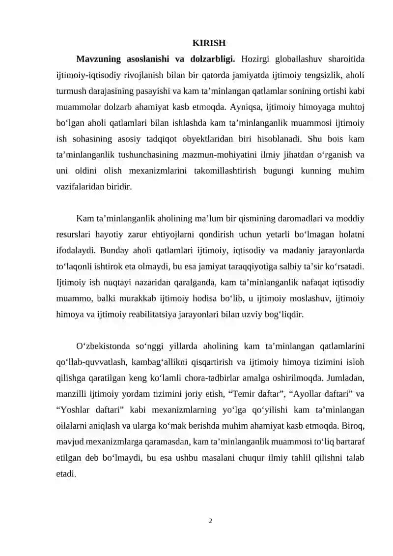 MUNDARIJA I BOB. KAM TAMINLANGANLIK TUSHUNCHASINI O’RGANISHNING NAZARIY METODOLOGIK ASOSLARI 2