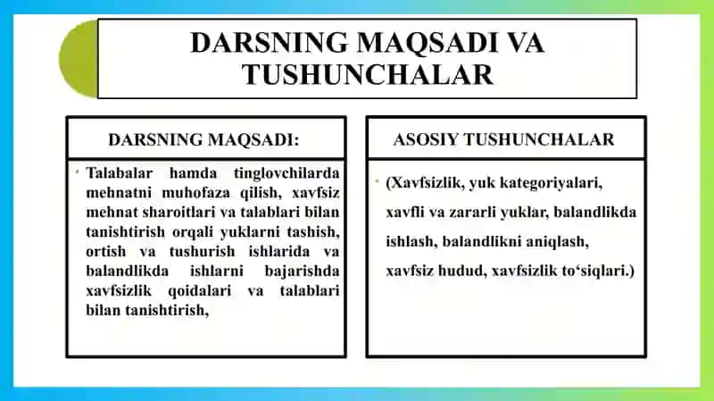 YUKLARNI TASHISH, ORTISH VA TUSHURISH VA BALANDLIKDA ISHLAGANDA XAVFSIZLIK QOIDALARI.pptx 2