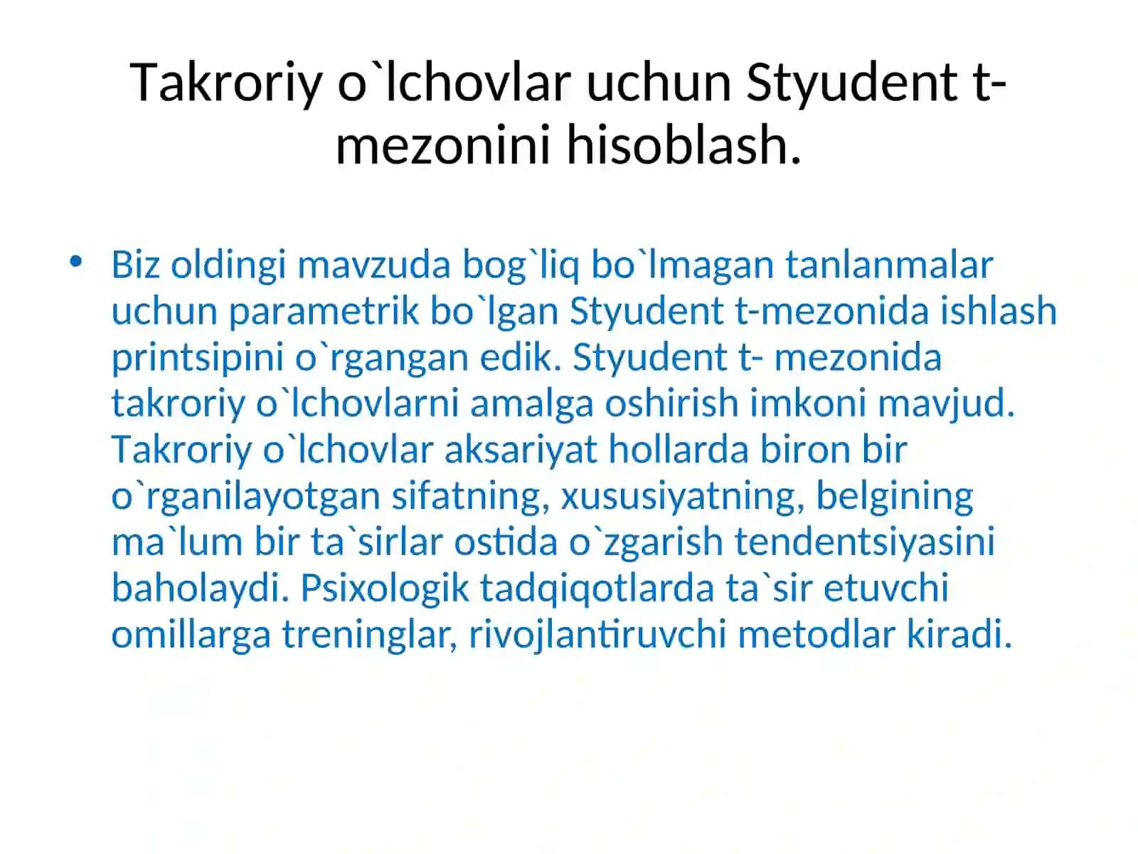 TАKRОRIY O`LCHОVLАRDА IKKI TАNLАNMАNI TАQQОSLАSH MЕZОNLАRI 2