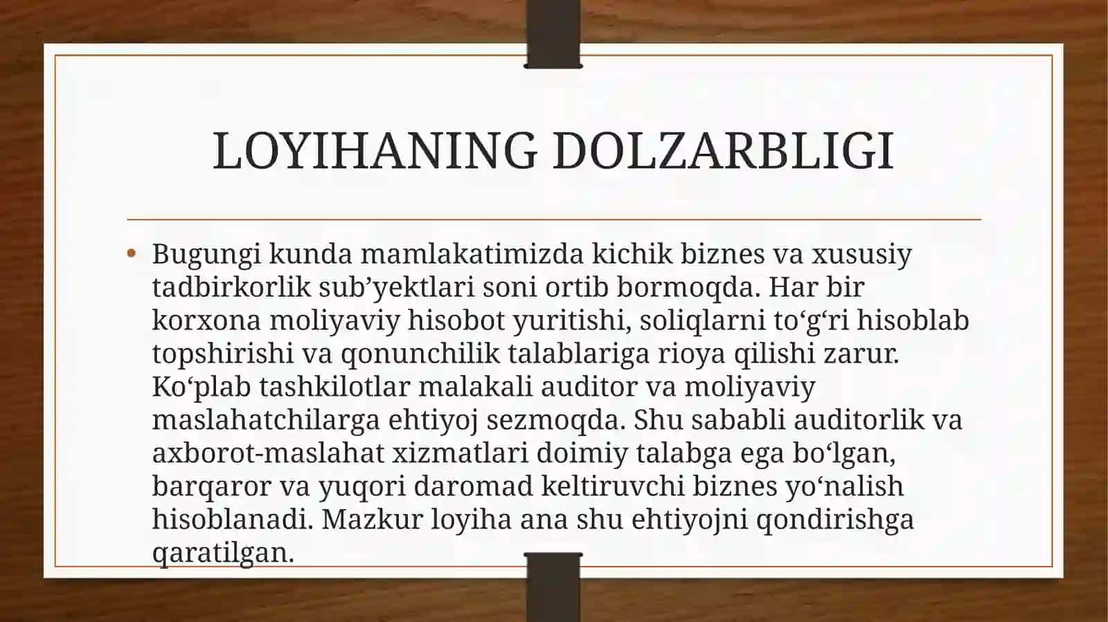 (100 millionlik Loyiha ishi ) Biznes reja: Auditorlik tashkiloti va axborot-maslahat xizmatlarini ko‘rsatuvchi sub’yekt faoliyatini tashkil etish 2