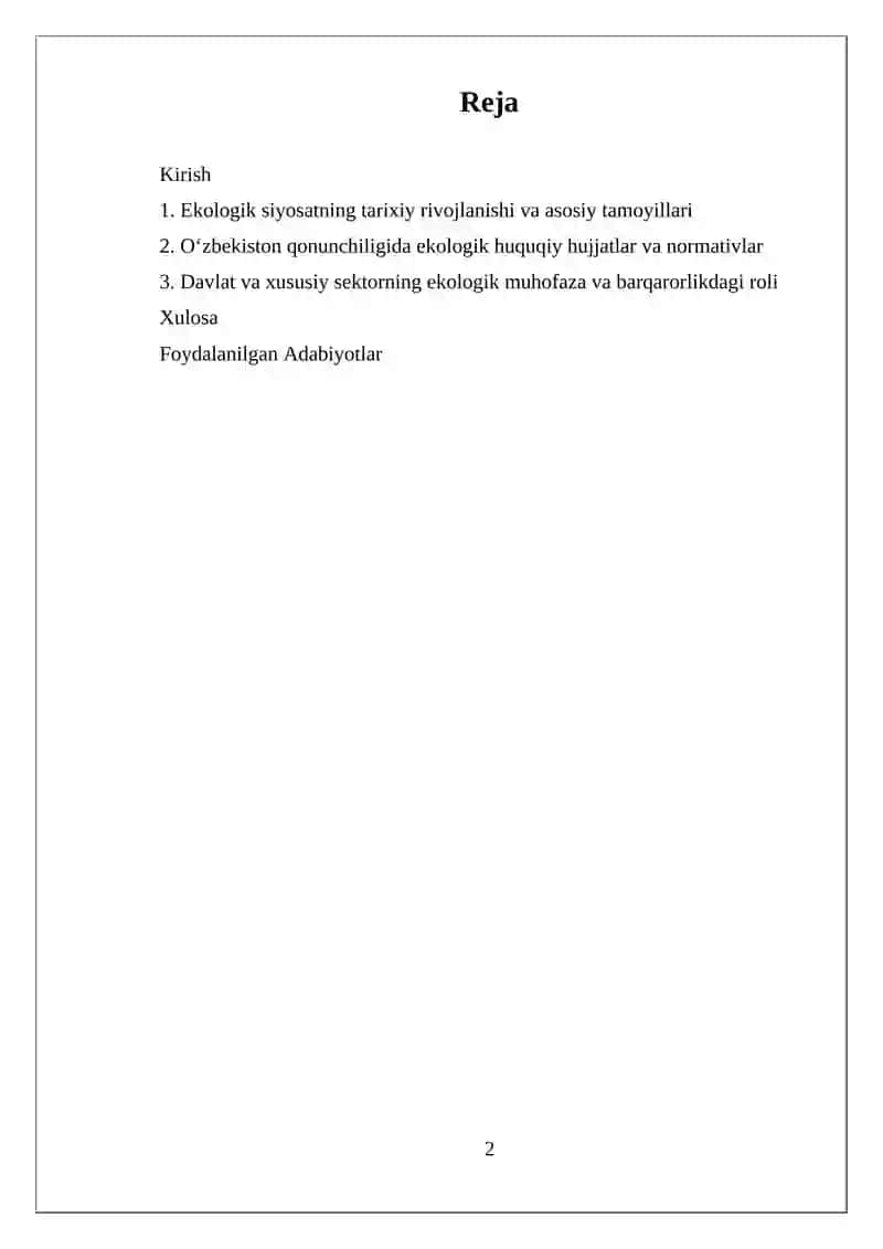 O’ZBEKISTON RESPUBLIKASIDA EKOLOGIK SIYOSAT VA QONUNCHILIK ASOSLARI 2
