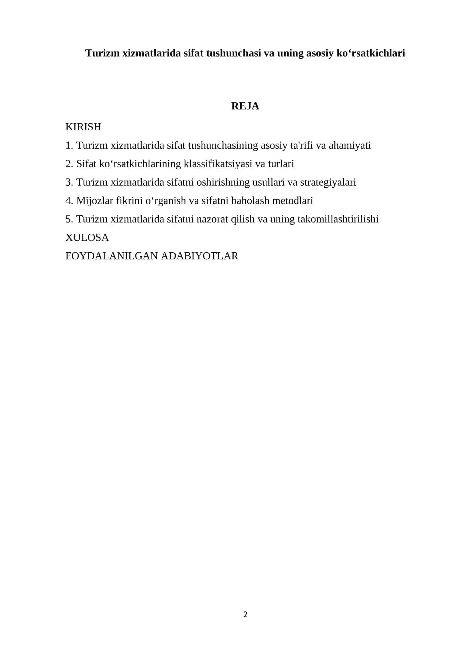 Turizm xizmatlarida sifat tushunchasi va uning asosiy ko‘rsatkichlari 2