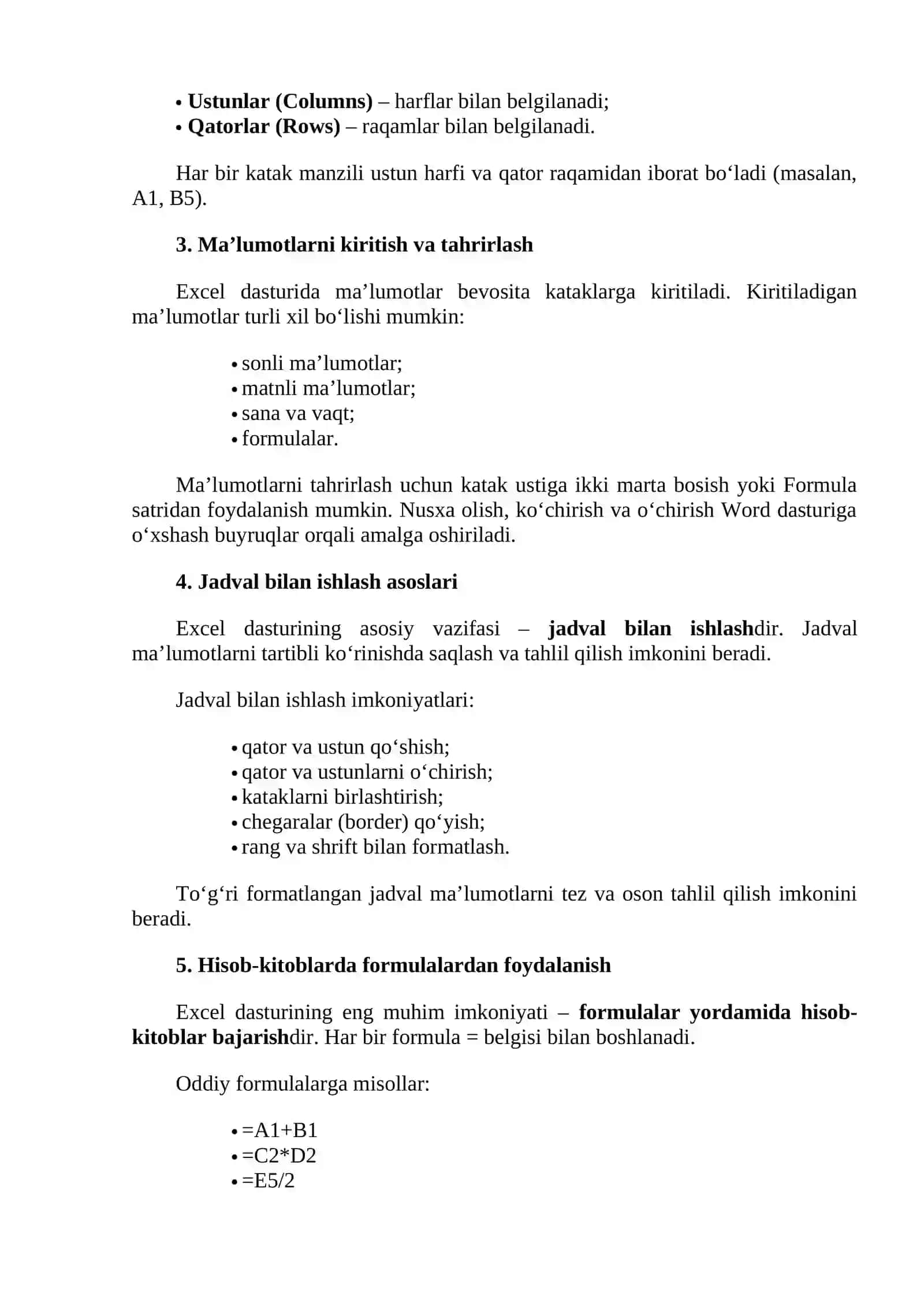 Microsoft Excel dasturida hisob-kitob va jadval bilan ishlash 2