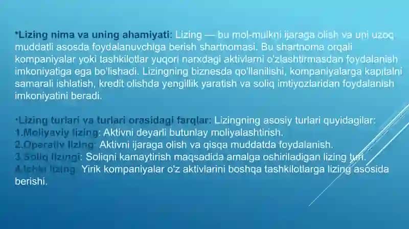 Lizing to‘lovlarini va lizingning moliyaviy samaradorligini aniqlash, banklarda lizing hisobi 2