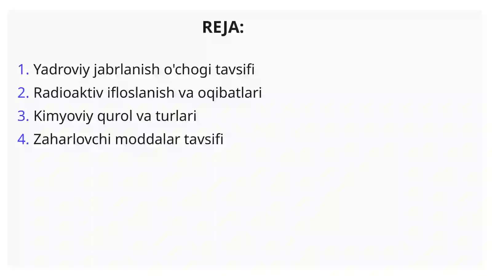 Yadroviy jabrlanish o'chog'i va radioaktiv ifloslanish uning tavsifi. Kimyoviy qurol, uni qo'llash usullari va ZM tavsifi 2