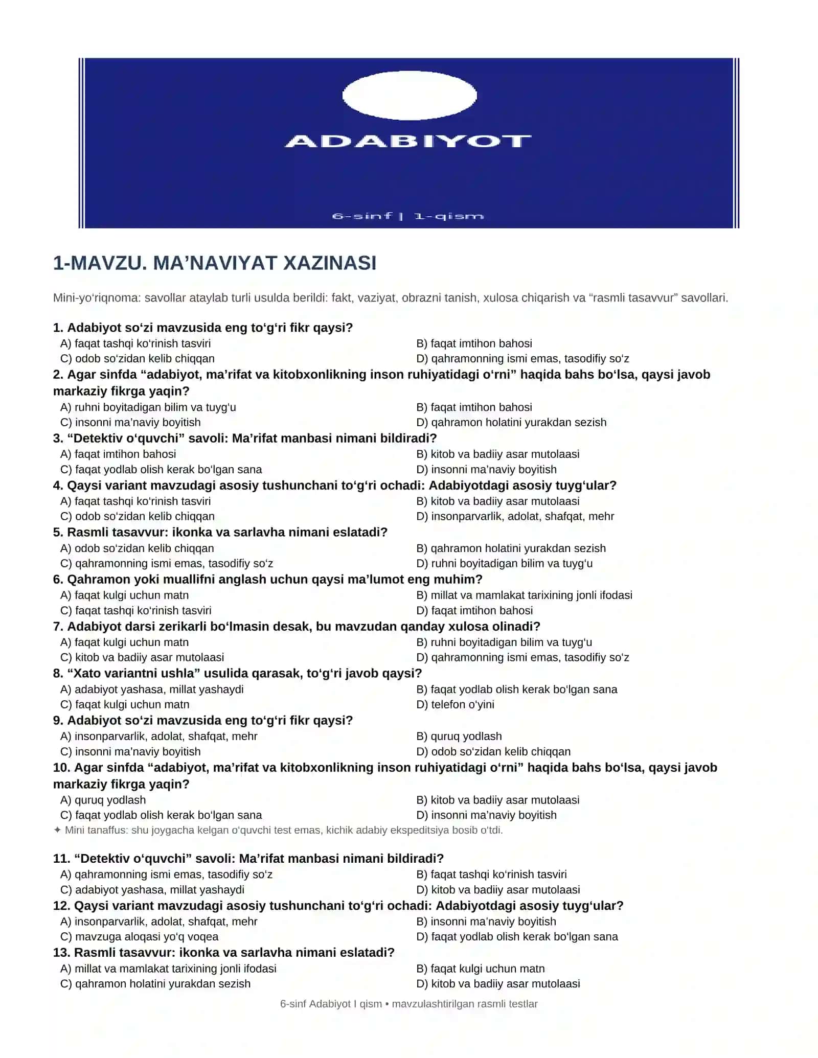 6-SINF ADABIYOTI 1-QISM BO'YICHA MAVZULASHTIRILGAN KREATIV TESTLAR 2