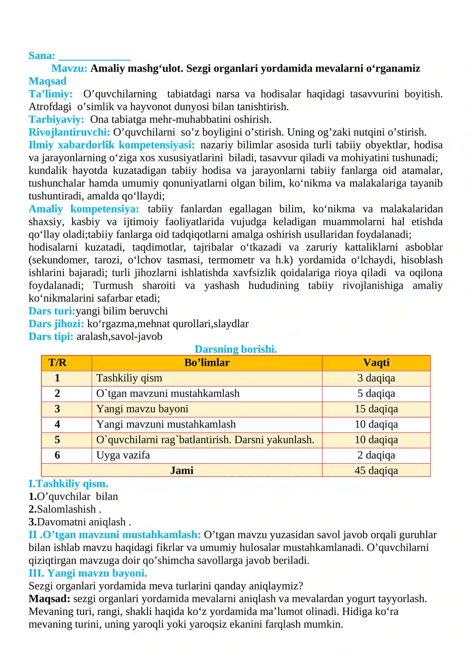 3-sinf Tabiiy fan (Science) Sezgi organlari yordamida mevalarni o'rganamiz dars ishlanma 2