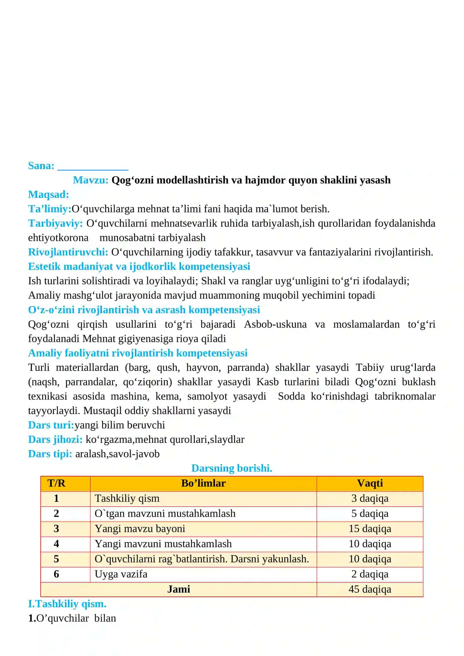2-sinf Texnologiya Qog'ozni modellashtirish va hajmdor quyon (Panda) shaklini yasash dars ishlanma 2