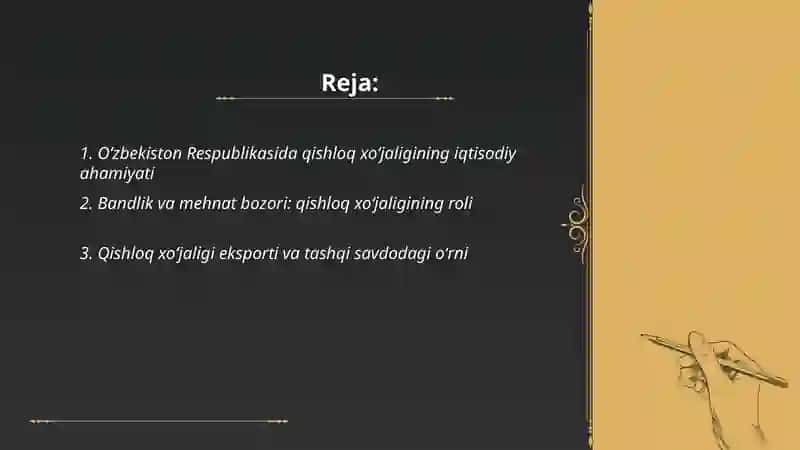 Oʻzbekiston Respublikasi da qishloq xoʻjaligining oʻrni Agra Tolibjonova Nazokat 2