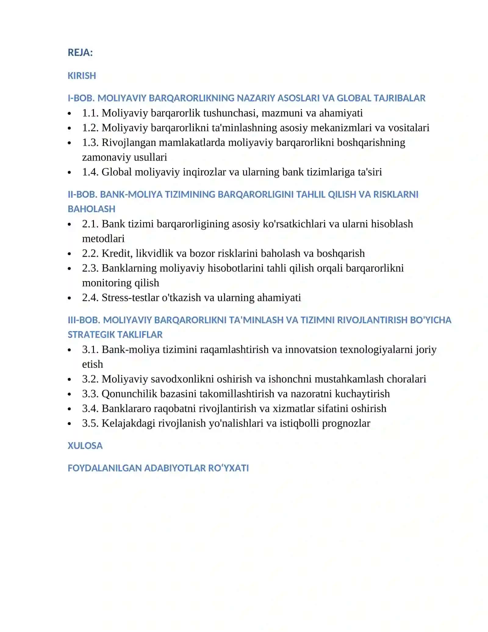 Moliyaviy barqarorlik va bank-moliya tizimini rivojlantirish strategiyasi 2