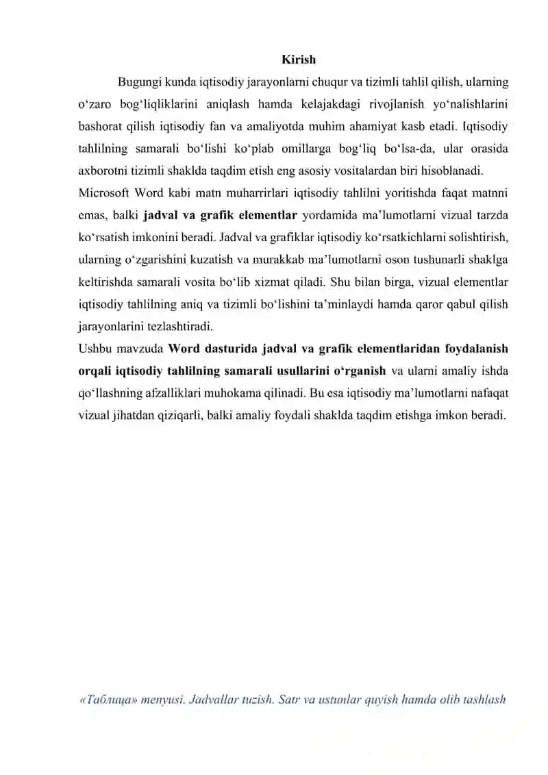 IQTISODIY TAHLIL UCHUN WORDDA- JADVAL VA GRAFIK ELEMENTLARIDAN FOYDALANISH 2