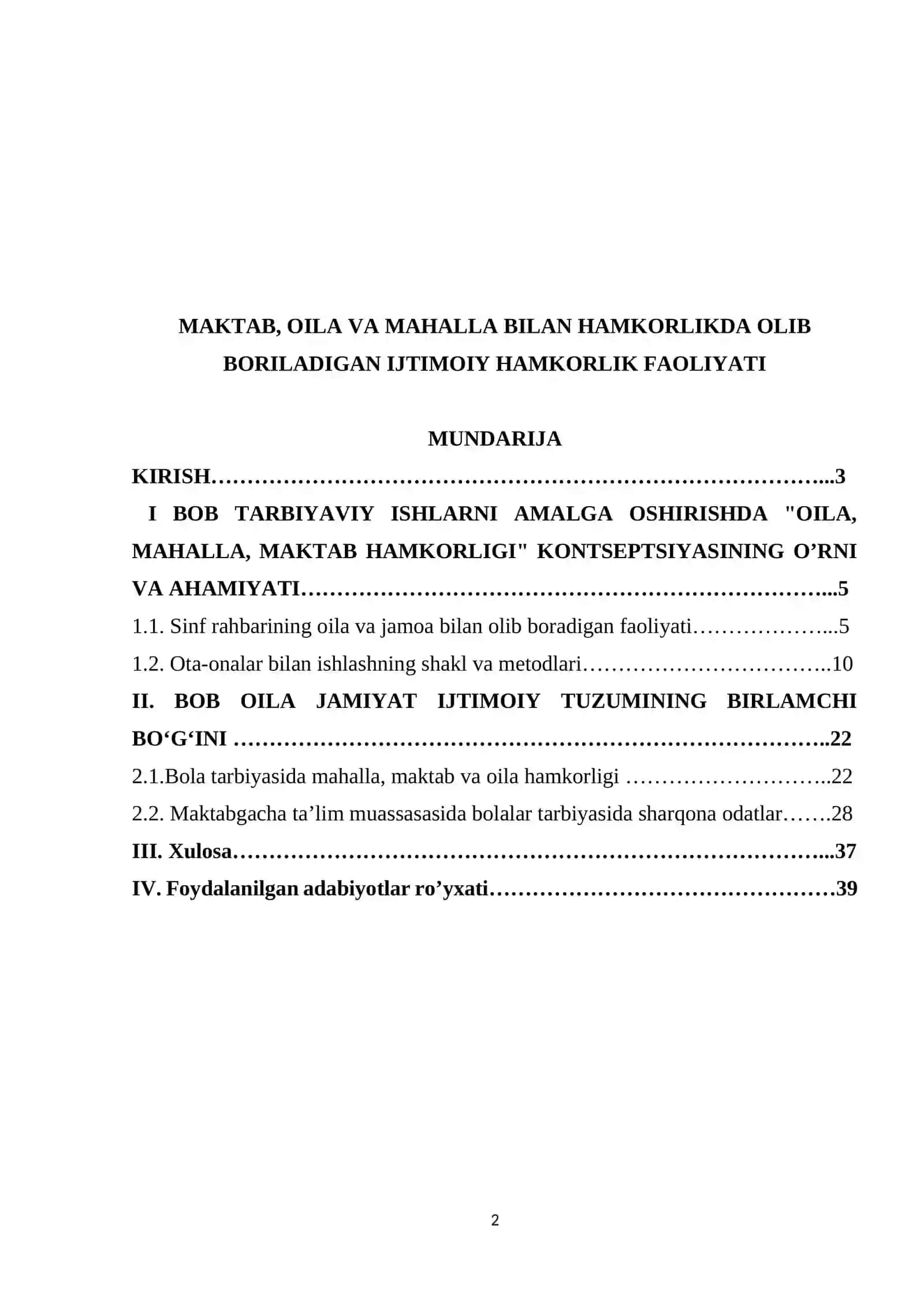 MAKTAB, OILA VA MAHALLA BILAN HAMKORLIKDA OLIB BORILADIGAN IJTIMOIY HAMKORLIK FAOLIYATI 2