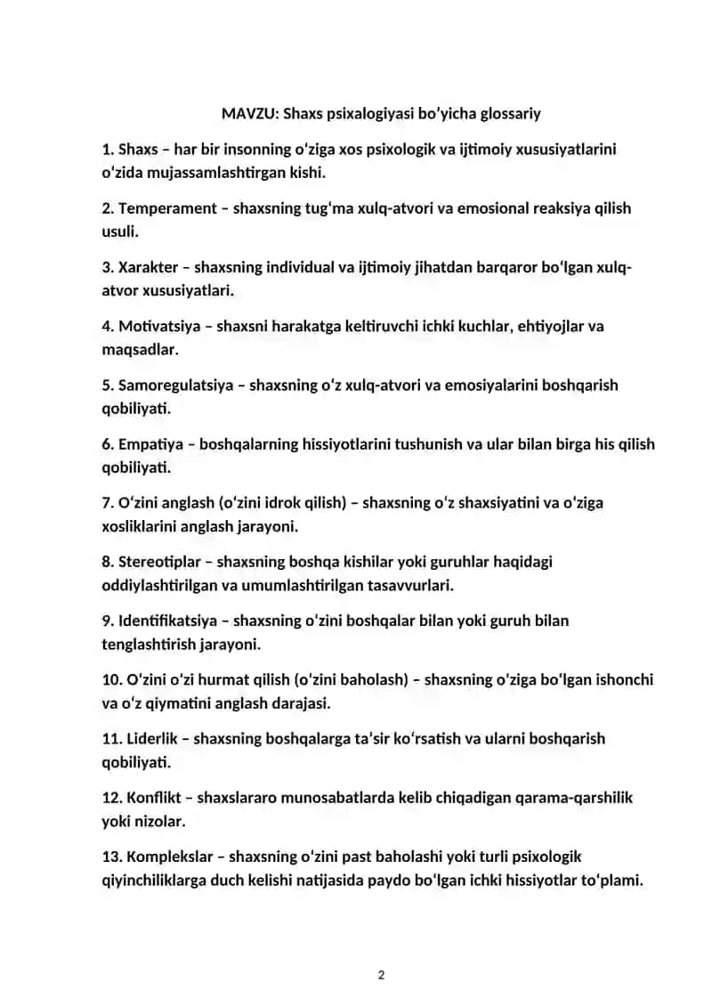 Shaxs Psixologiyasi Bo'yicha Glossariy 2