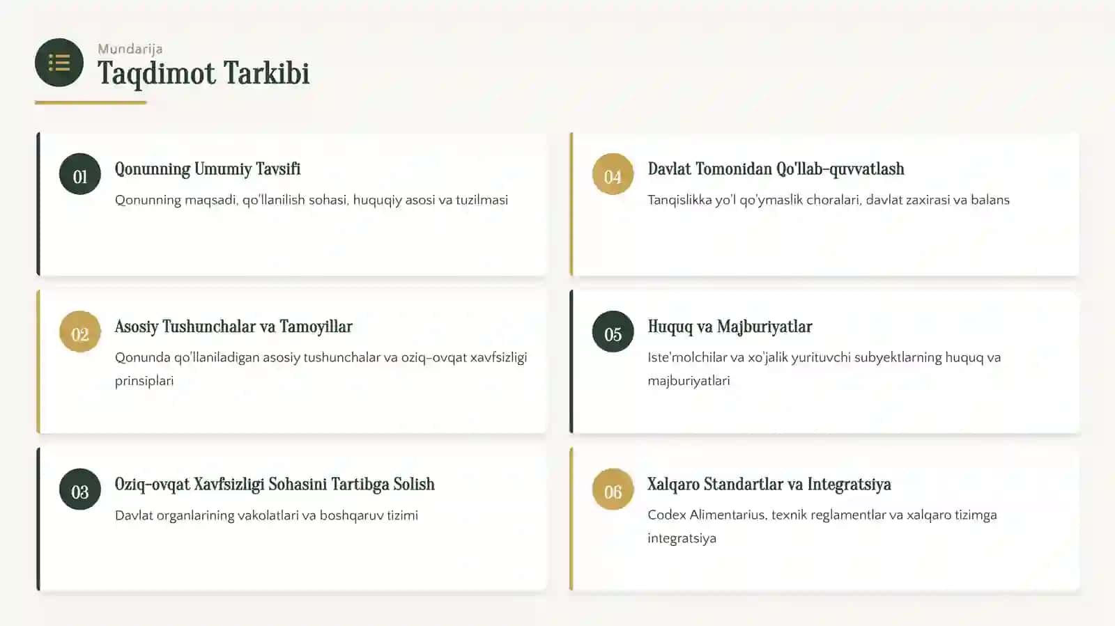 "Oziq-ovqat mahsulotlarining sifati va xavfsizligi to'g'risida"gi Qonuni Ilmiy-tahliliy taqdimot 2