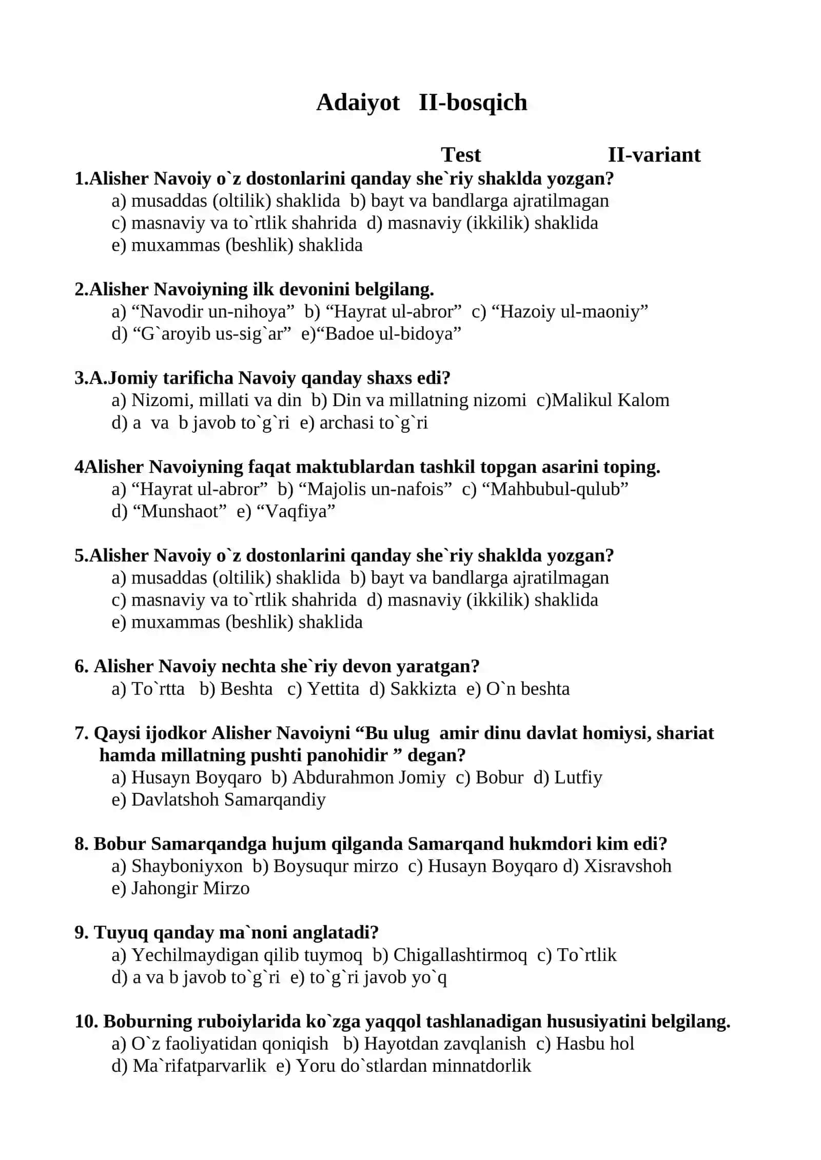 Alisher Navoiy mavzusida testlar 2