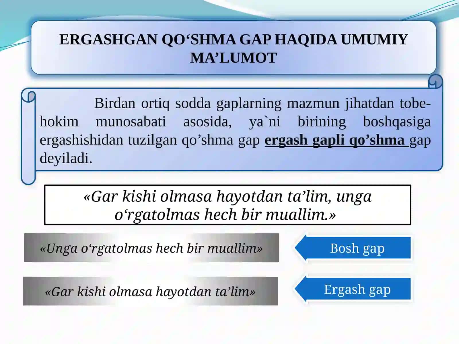 ERGASHGAN (ERGASH GAPLI) QO’SHMA GAPNING TA’RIFI. BOSH VA ERGASH GAPLAR, ULARNING JOYLASHISH O’RNI 2