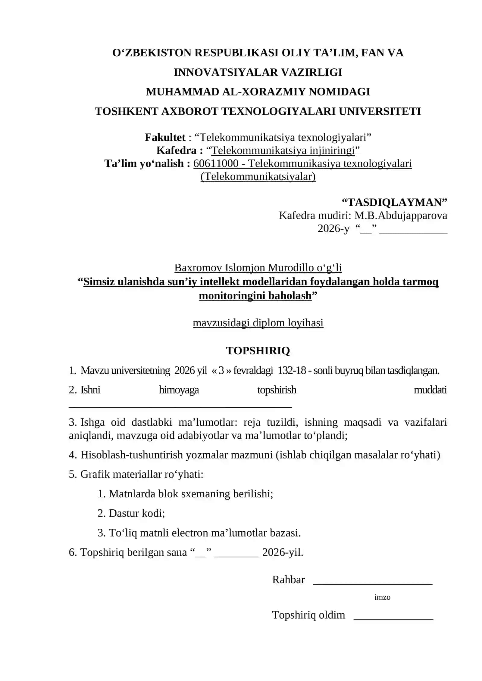Simsiz ulanishda sun’iy intellekt modellaridan foydalangan holda tarmoq monitoringini baholash 2