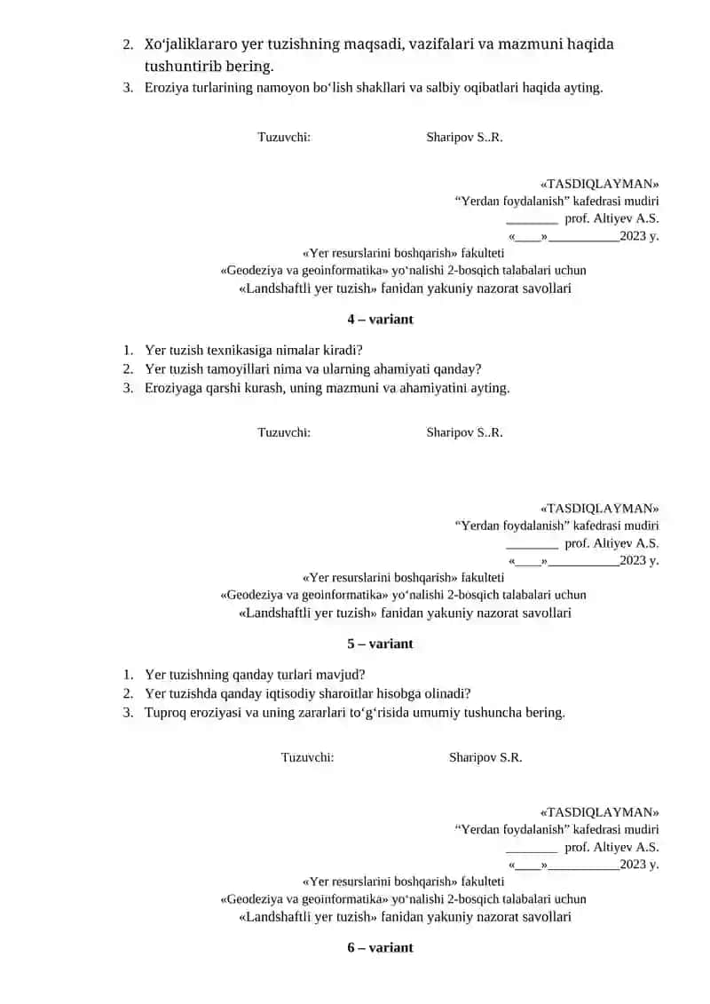 «Landshaftli yer tuzish» fanidan yakuniy nazorat savollari 2