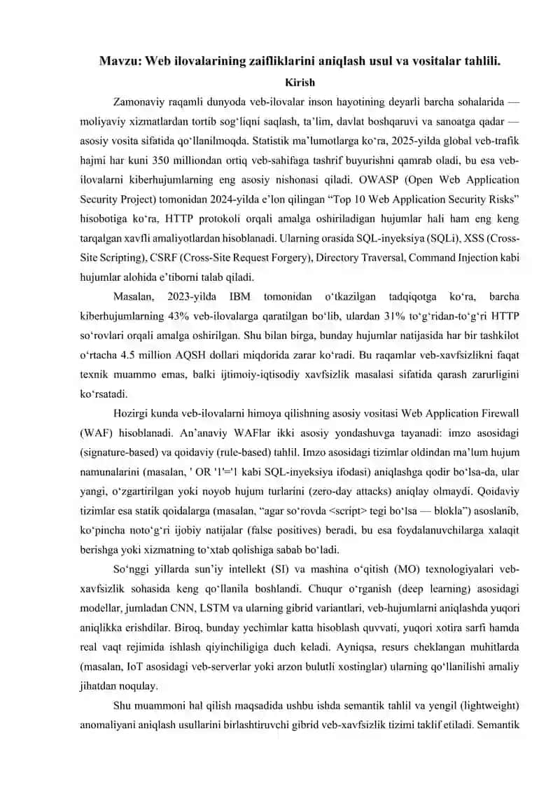Web ilovalarining zaifliklarini aniqlash usul va vositalar tahlili. 2