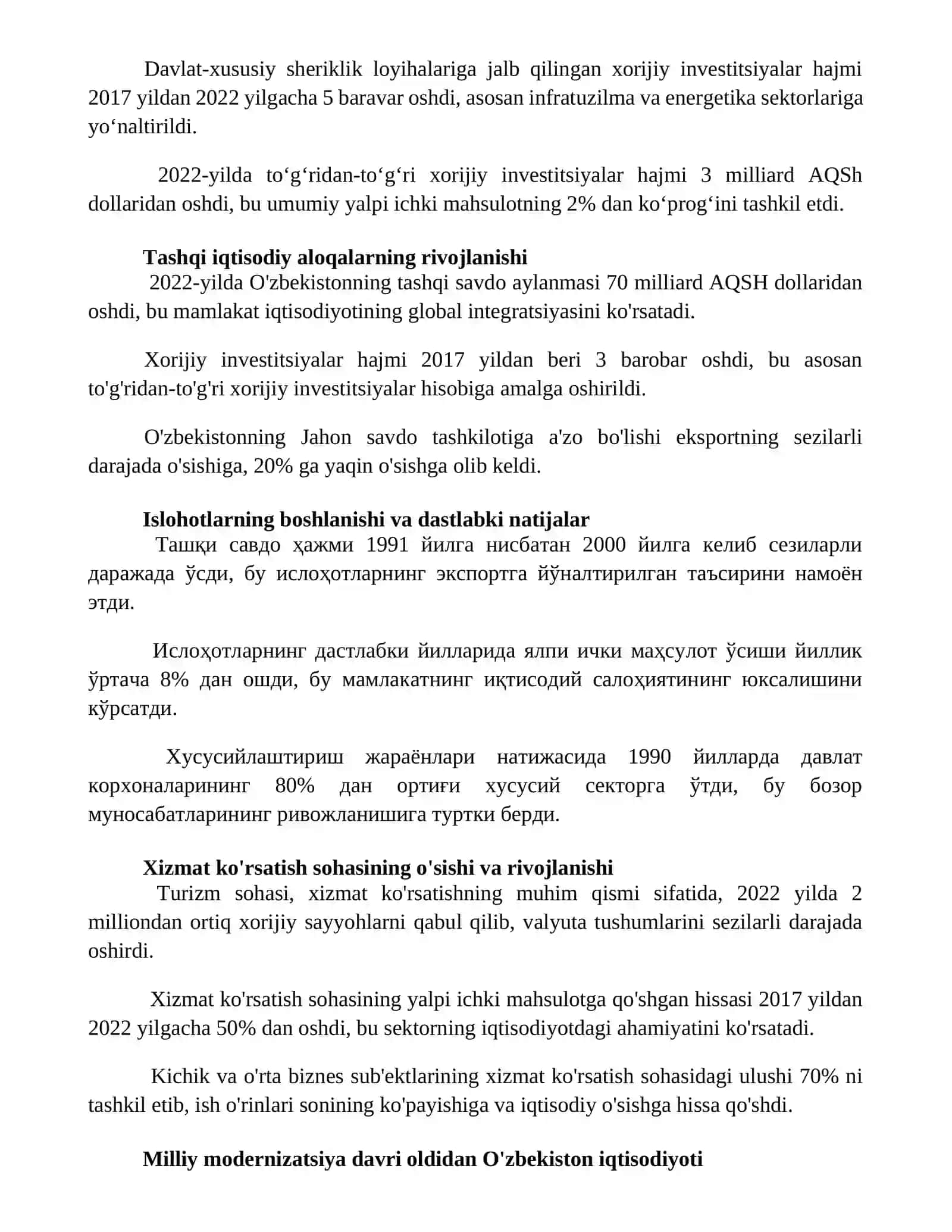 Mamlakatni modernizatsiyalash davrida Oʻzbekiston iqtisodiyoti 2