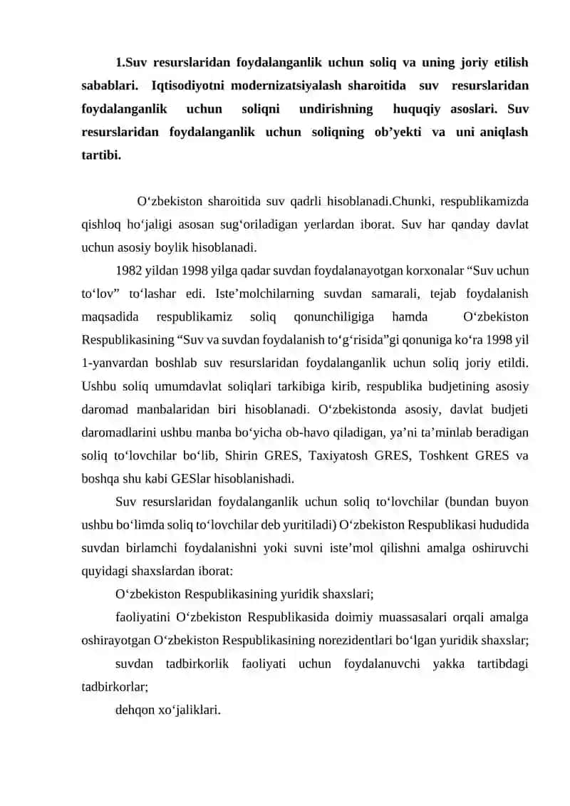 Suv resurslaridan foydalanganlik uchun soliq va uning joriy etilish sabablari 2