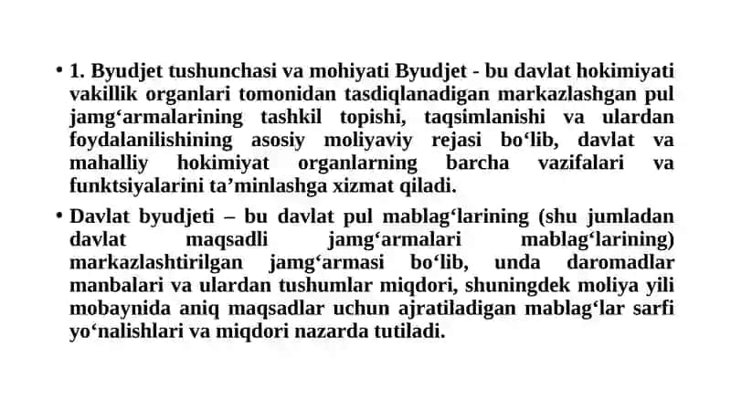 O‘ZBEKISTON RESPUBLIKASI DAVLAT BYUDJETI VA BYUDJET HUQUQI 2