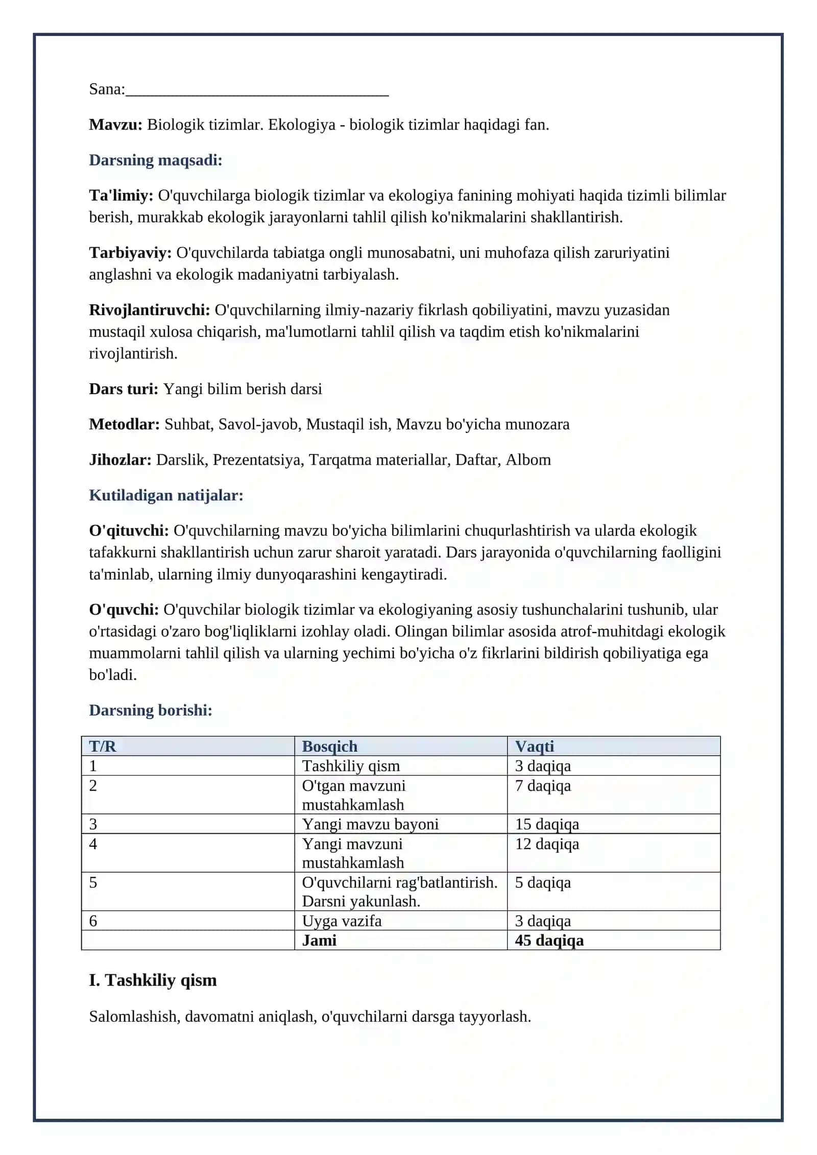 Lesson on Biologik tizimlar.Ekologiya-biologik tizimlar haqidagi fan, 11-sinf 2
