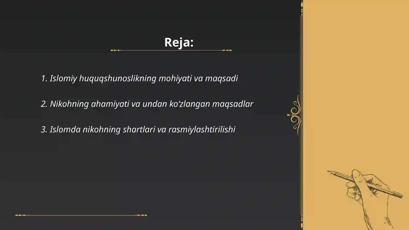 Islom huquqshunosligida oila, nikoh, taloq, idda, zihor tushunchalarini ta'riflash va taqdimot tayyorlash 2