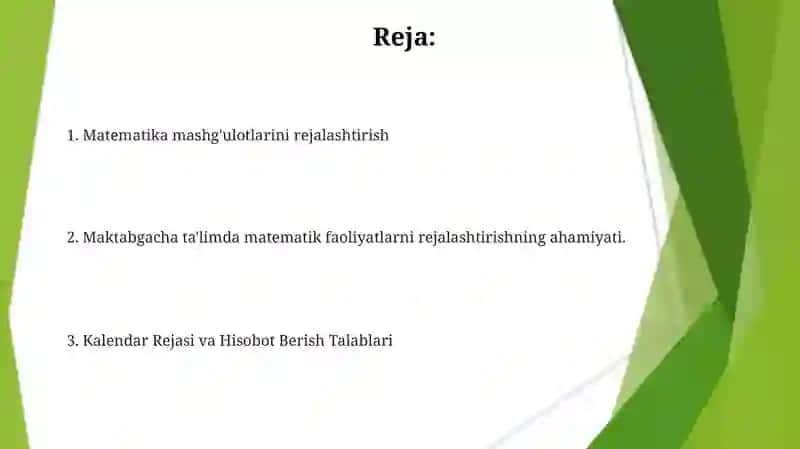 Matematika mashg'ulotlarini rejalashtirish 2