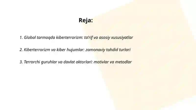 Global tarmoqda kiberterrorizm va kiber hujumlar himoyalanishning havfsizlik choralari 2